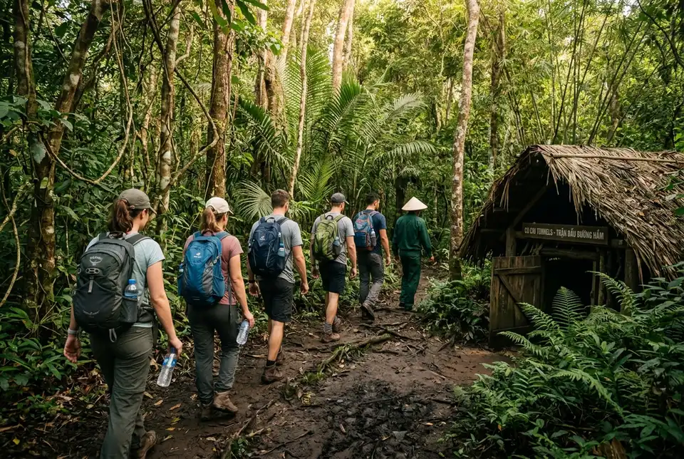 Small group of travelers walking a jungle trail near a Cu Chi tunnel entrance in the morning on a cu chi tunnels and mekong delta tour